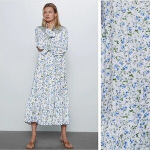 Zara Smocked Embroidered Floral Blue Green and White Dress Size XL New